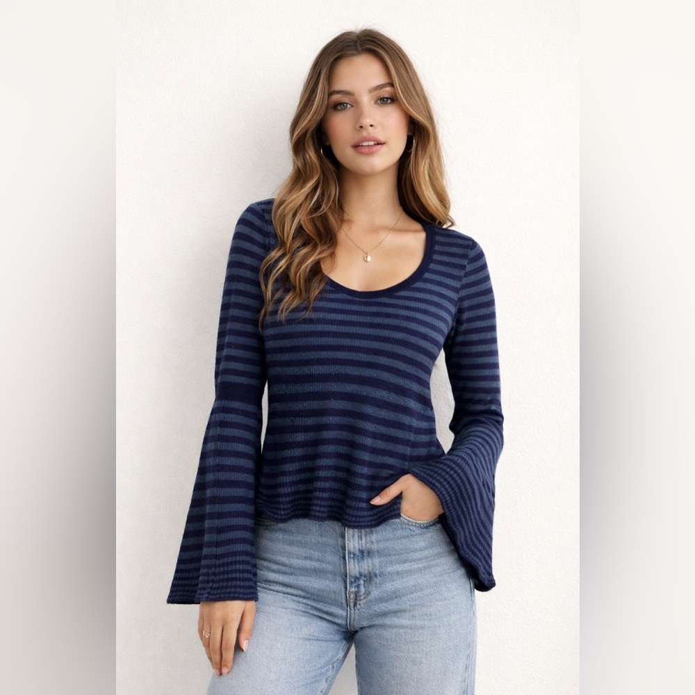 Anthropologie Moth Turquoise Striped Bell Sleeve Sweater Sz. S‎